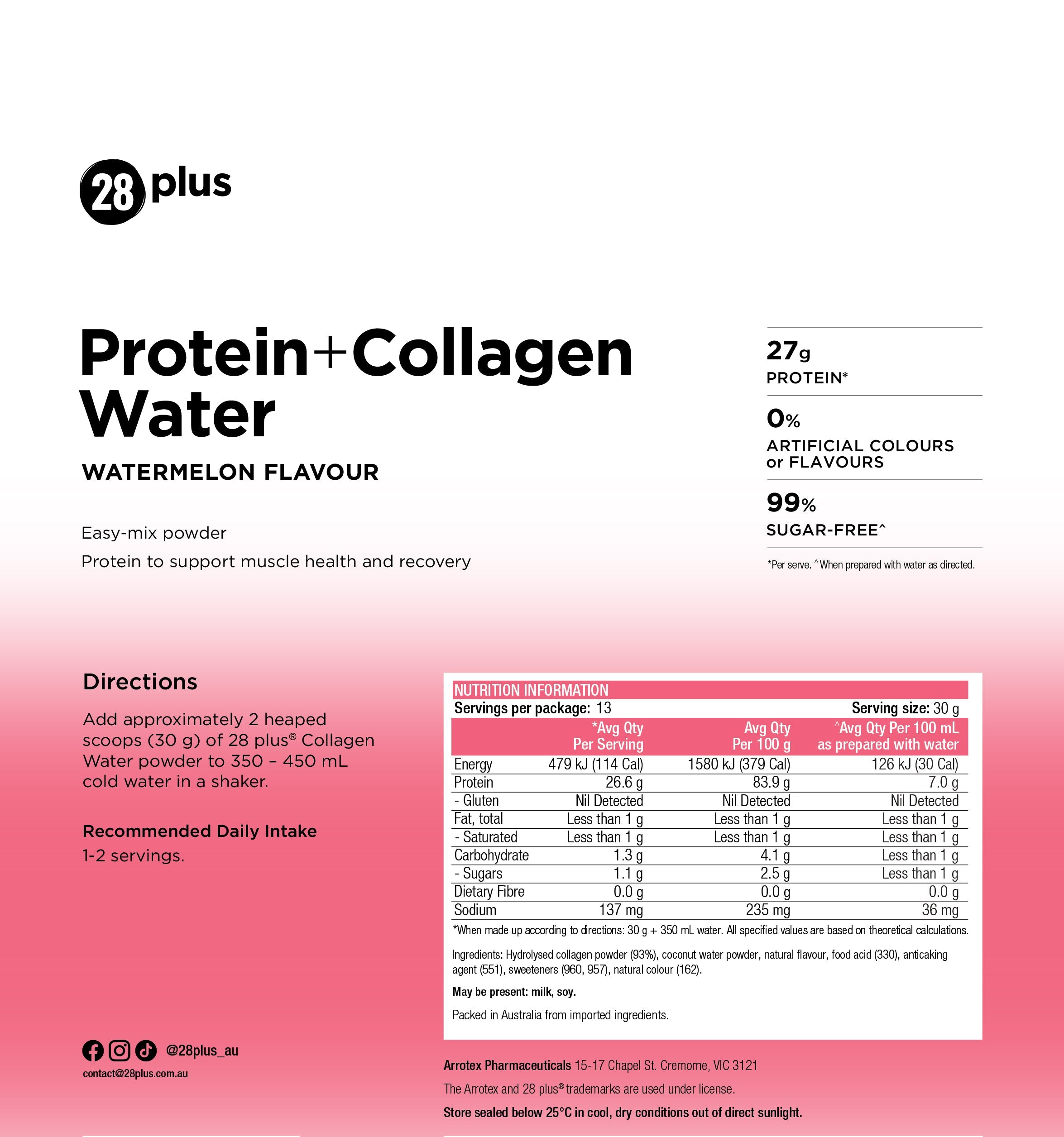 28 plus Protein Water + Collagen – Watermelon (400g)