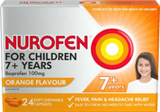 Nurofen Child 7+ Years Pain and Fever Relief Orange Flavour Chewable Capsules 24 Pack